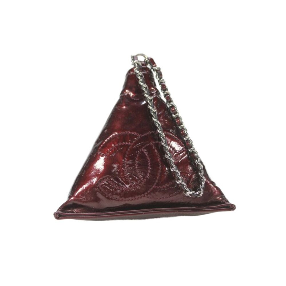 Chanel Womens Patent Leather Bon Bon Pyramid Clutch Handbag Burgundy Red